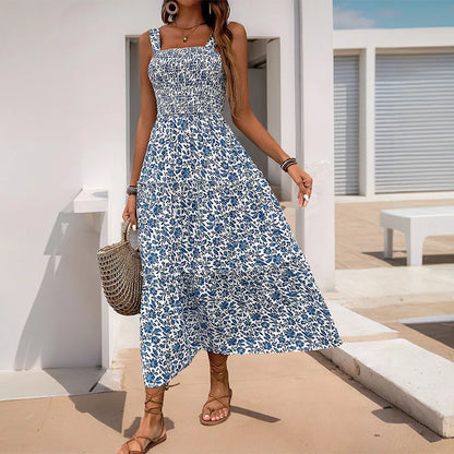 Women's Floral Maxi Dress Summer Square Neck Strappy Backless Smocked Bodice High Waist Long Dress Vacation Beach Outfit 2026