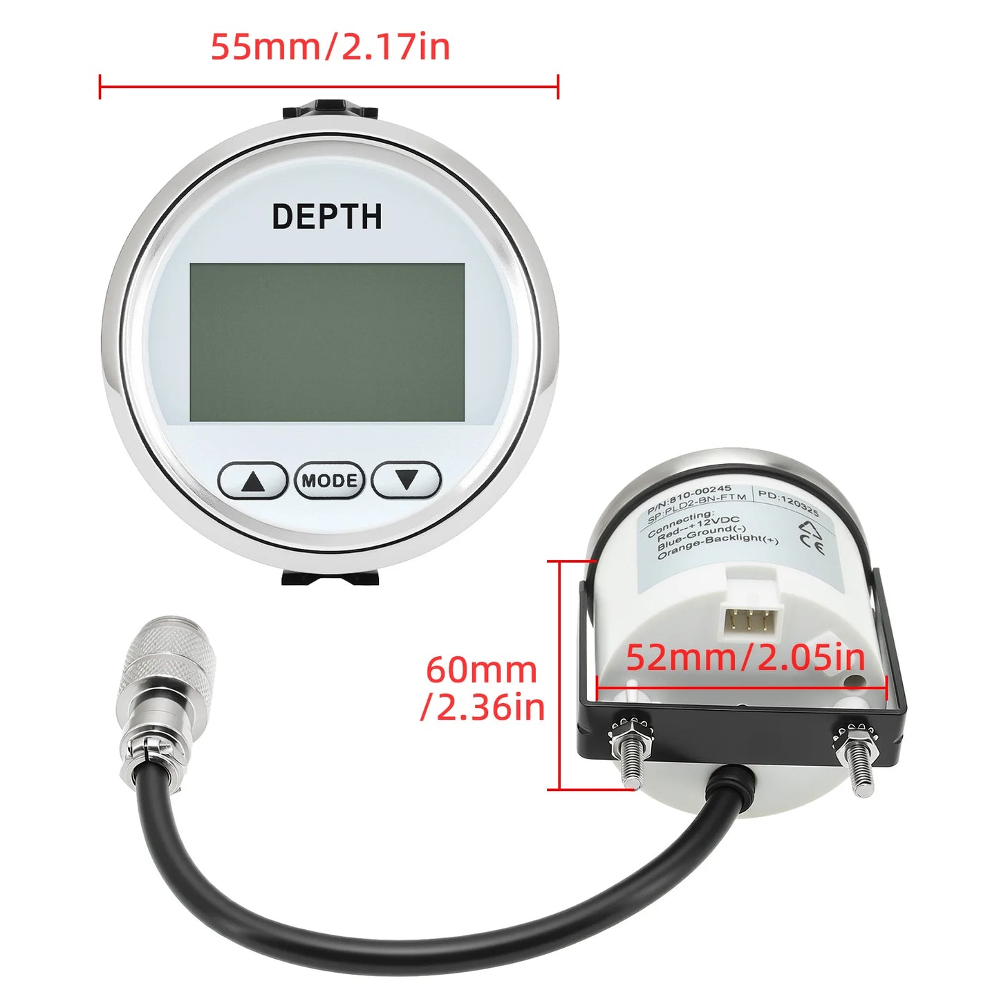 52MM Marine Digital Depth Gauge Indicator Waterproof for Yachts Fishing Boats Pulse Signal White Backlight Depth Transducer
