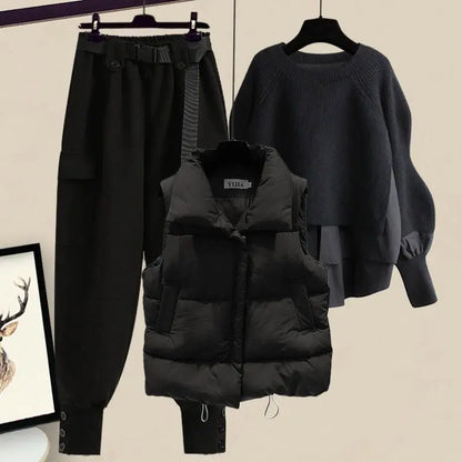plus Size Autumn Professional Knitted Three Piece Set Slimming Cotton Vest Sweater Workwear Pants for Women Casual Style
