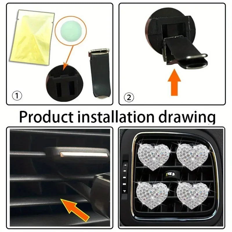 Sparkling Heart Rhinestone Car Decoration Cute Car Perfume Clip Aromatherapy Air Conditioning Car Accessories Supplies