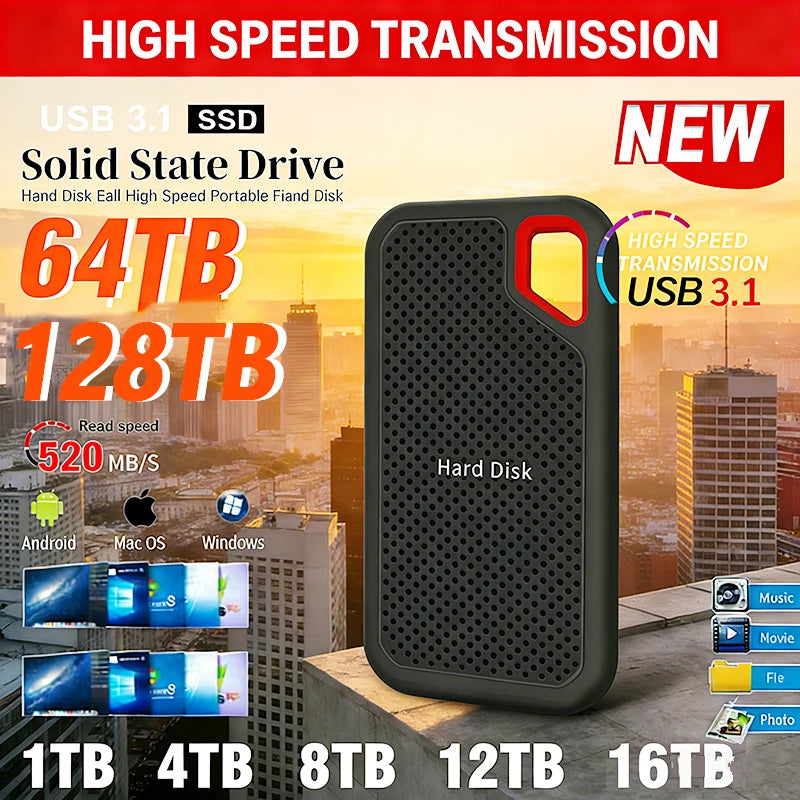 High-speed External Hd 2TB High-quality Hard Drive 128TB 64TB Portable SSD USB3.1 Solid State Disk for Mac/ Pc/Laptops/Phones