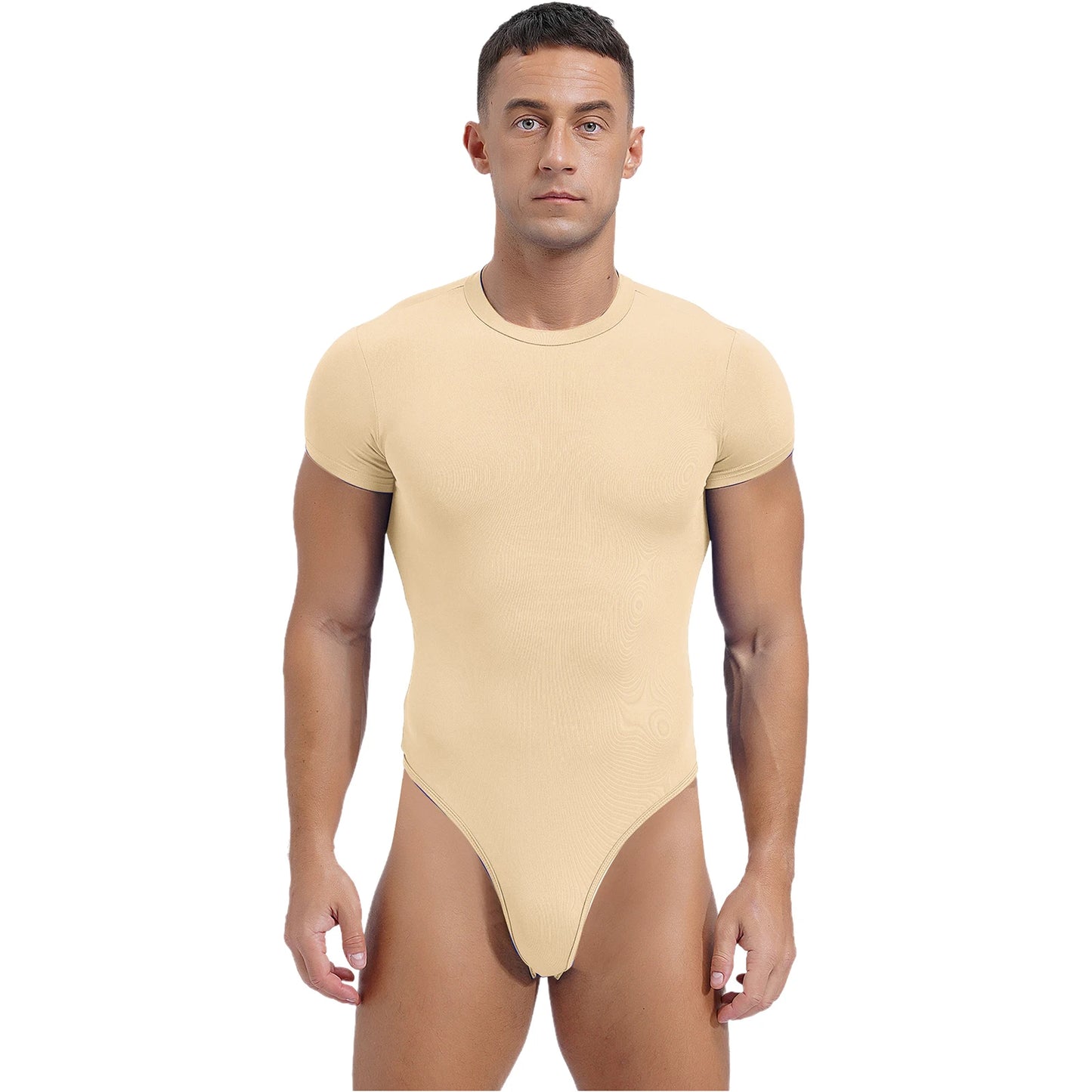 Mens Athletic Bodysuit Shirt Round Neck Short Sleeve High Cut Leotard Button Crotch Jumpsuit Rompers Bodybuilding Yoga Underwear