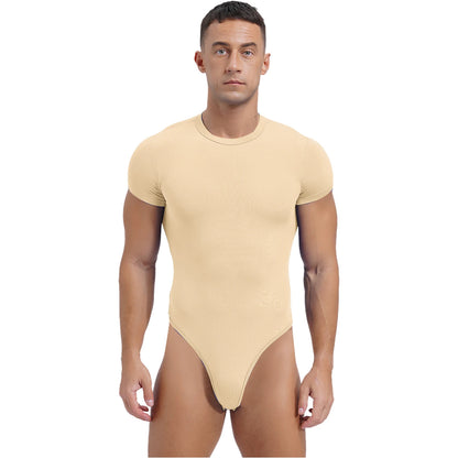 Mens Athletic Bodysuit Shirt Round Neck Short Sleeve High Cut Leotard Button Crotch Jumpsuit Rompers Bodybuilding Yoga Underwear