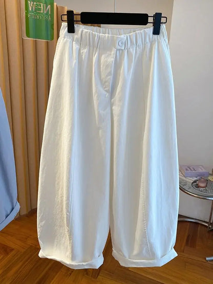 Summer Women White Balloon Pants Elastic Waist Loose Wide Leg Cropped Casual Trousers Lazy Style Hide Fat Breathable Daily Psnts
