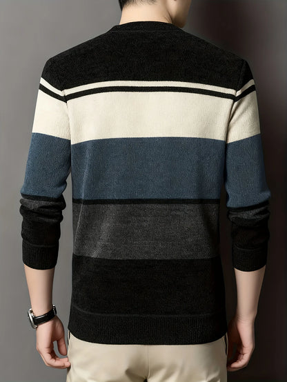 LVLAEA Autumn Winter Trendy Knitted Pullover, Men's Striped Letter Embroidery Long Sleeve Round Neck, Old Money Style Casual Top