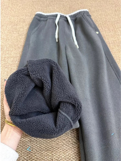 High Waist Fleece Lined Thick Wide Leg Pants Loose Fit Windproof Warm Casual Straight Cut Trousers for Women in plus Size