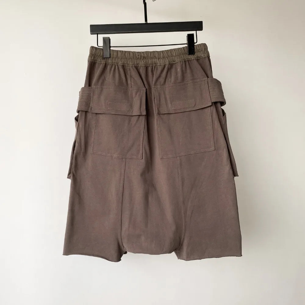 High Street RO Black Double Ring Workwear Shorts Men Multiple Pockets Frayed Edges Loose Crotch Five Quarter Pants