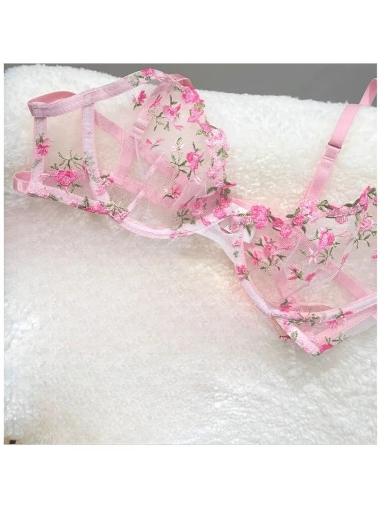 Sexy Floral Embroidery Mesh Bra Set Sweet Sheer Lace Lingerie Soft Comfort Breathable Underwear Suit Party Dating Daily Wear Bra
