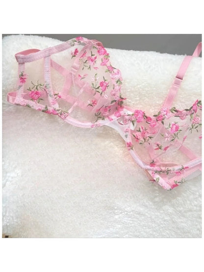 Sexy Floral Embroidery Mesh Bra Set Sweet Sheer Lace Lingerie Soft Comfort Breathable Underwear Suit Party Dating Daily Wear Bra