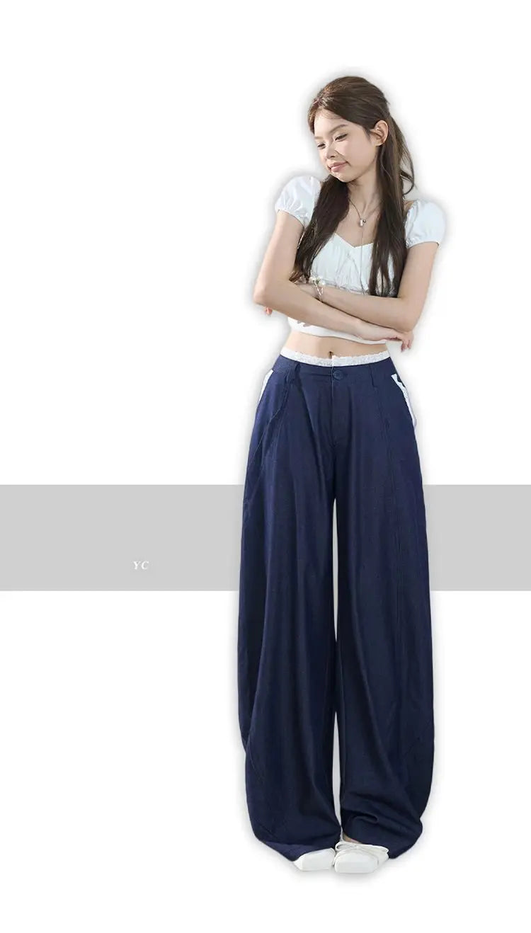 American-style retro loose wide-leg pants, lightweight curved pants, cool lace splicing, versatile casual pants for women