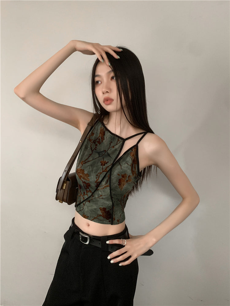 CHEERART Flocking Floral Vintage Crop Cami Top For Women Sleeveless Flower Green Tops Designer Clothes Luxury