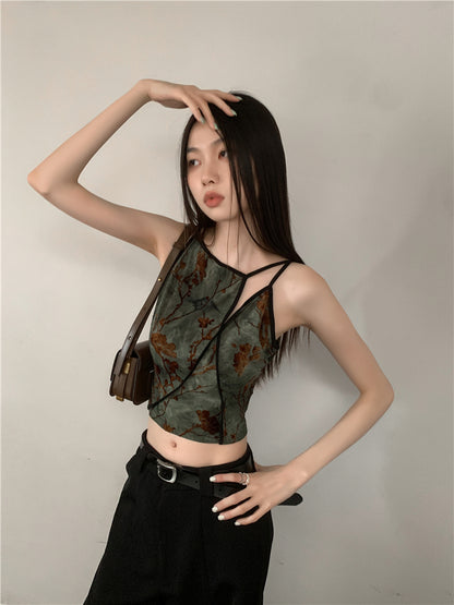 CHEERART Flocking Floral Vintage Crop Cami Top For Women Sleeveless Flower Green Tops Designer Clothes Luxury