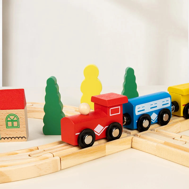 Children's Pine Wood Train Track And Vehicle Toy Set - Educational City Scene Toy With Tracks Cars Traffic Signs And Buildings
