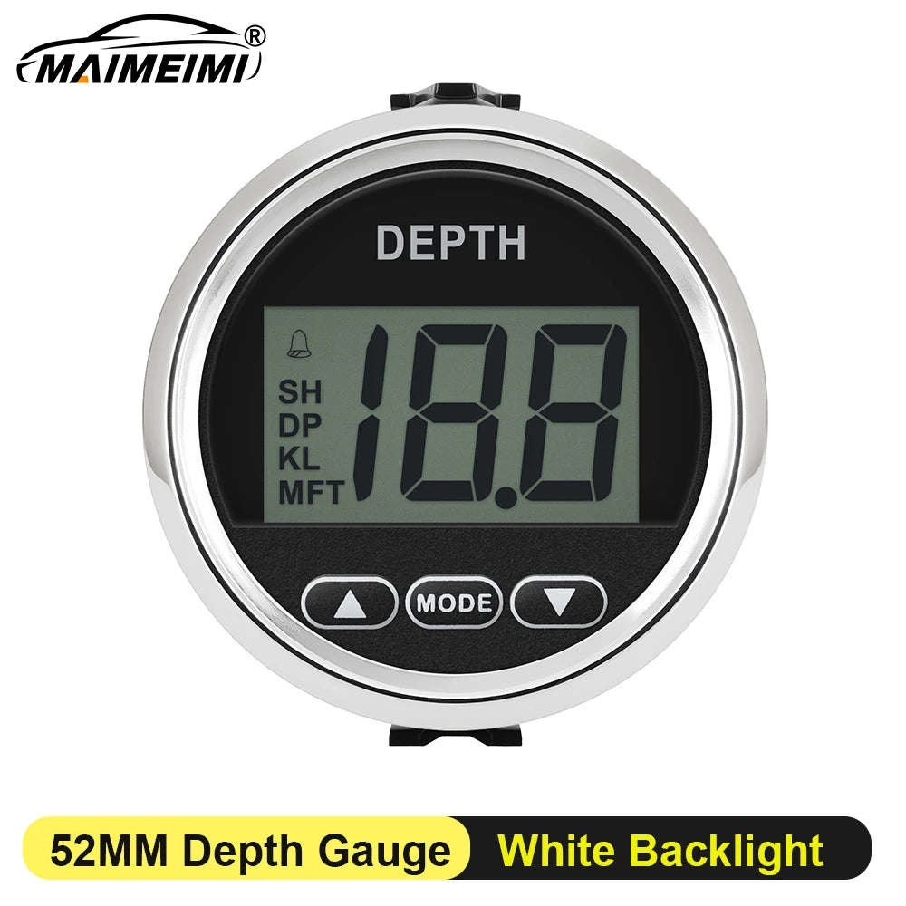 52MM Marine Digital Depth Gauge Indicator Waterproof for Yachts Fishing Boats Pulse Signal White Backlight Depth Transducer