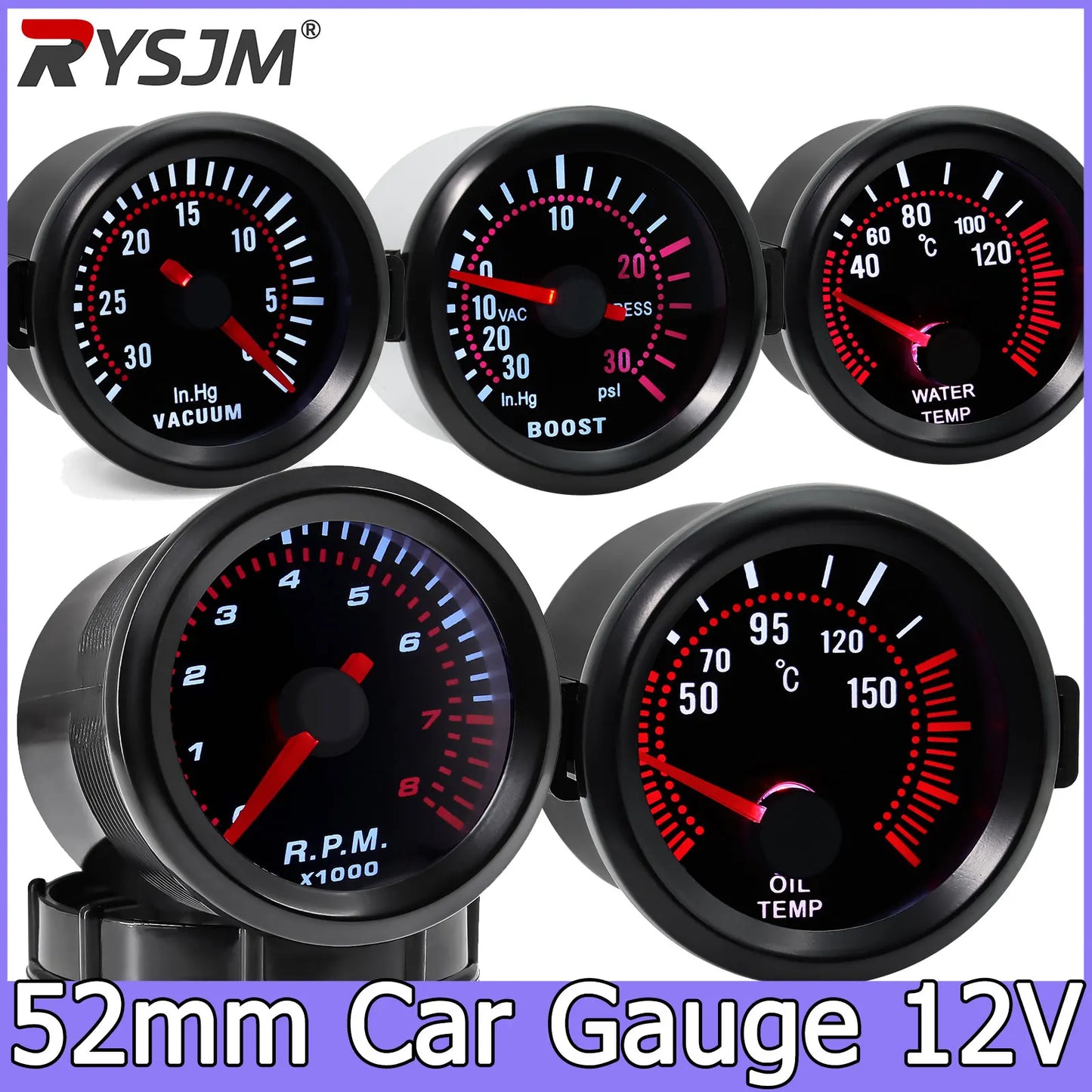52mm Smoke Lens Auto Tachometer White LED 0-8000 RPM Meter Car Boost Gauge Bar Psi Vacuum Water Temp Oil Pressure Gauge