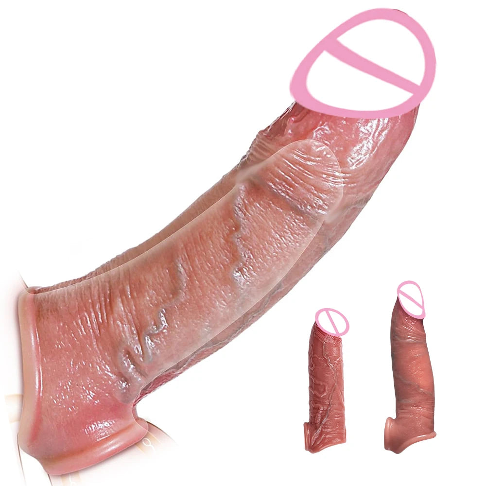 Realistic Super Huge Penis Sleeve Big Growth Penis Delayed Ejection Extend Penis Reusable Enlarger Silicone Condom Male Sex Toy