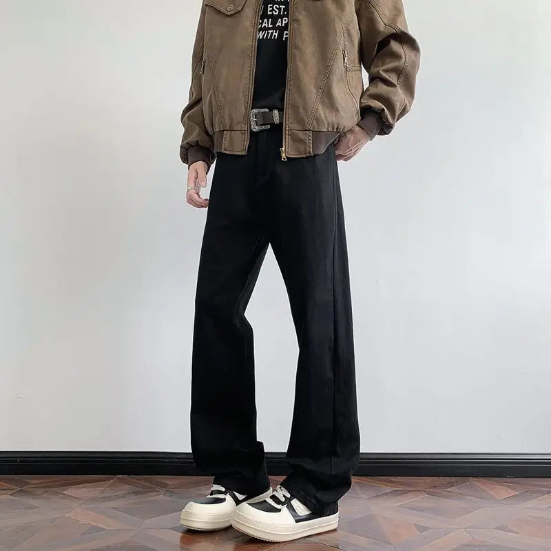 Men's Retro Faded Grey Jeans American Vintage Washed Elastic Denim Pants Loose Wide Leg Casual Streetwear Straight Jean Trousers