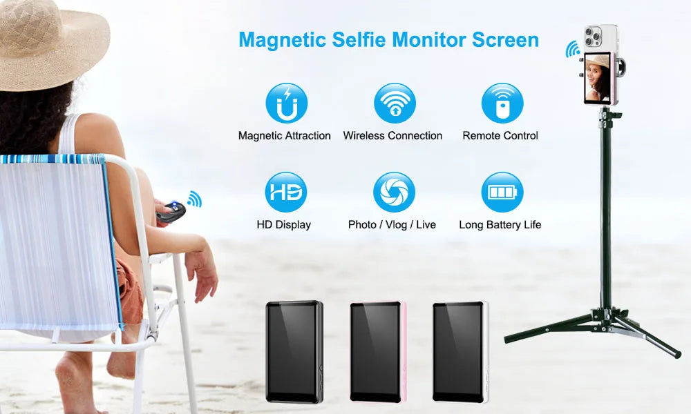 Magnetic Phone Vlog Selfie Monitor Screen, Wireless Back Camera Monitor for Live Streaming & Video Recording, iPhone & Android