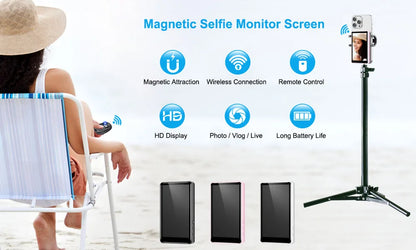 Magnetic Phone Vlog Selfie Monitor Screen, Wireless Back Camera Monitor for Live Streaming & Video Recording, iPhone & Android