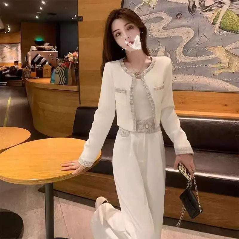 Elegant Fashion Set Women's Spring Autumn New Style Small Fragrance Wind Coat Wide Leg Pants Two Piece Set High Waist Long Pants