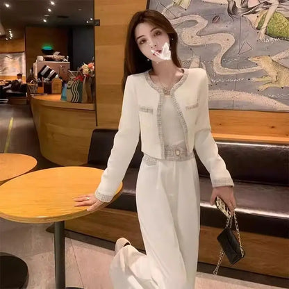 Elegant Fashion Set Women's Spring Autumn New Style Small Fragrance Wind Coat Wide Leg Pants Two Piece Set High Waist Long Pants