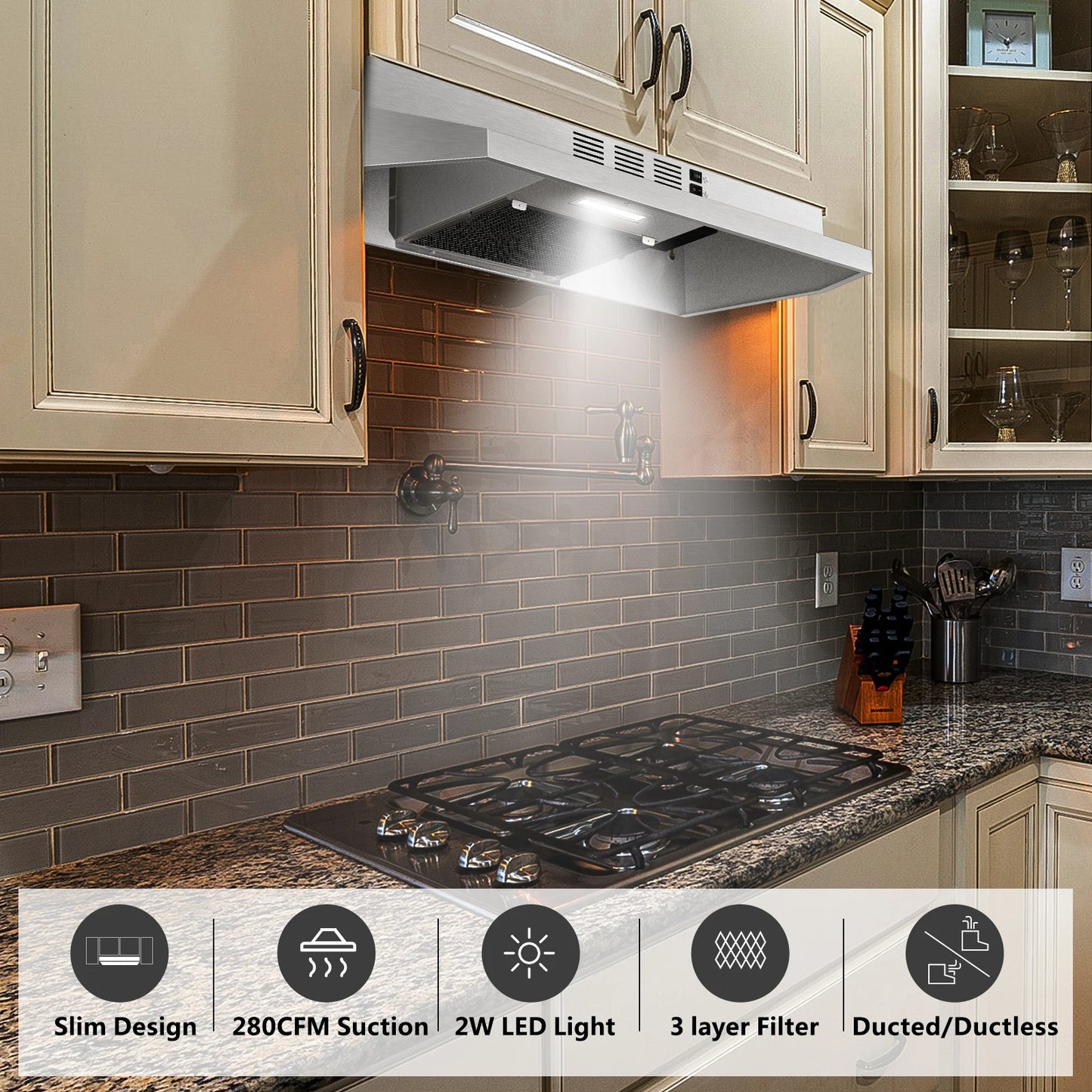 24/30/36" Under Cabinet Range Hood 280CFM Convertible Ducted/Ductless, 2-Speed & LED Light,Stainless Steel,Removable Filter