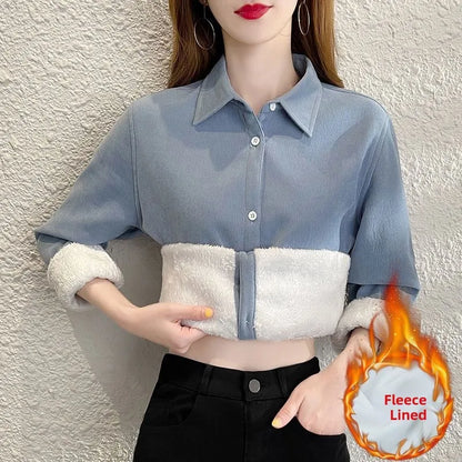 Women's Collared Fleece Lined Thickened Fashionable Shirt Korean Style Commute Wind Loose Fit Long Sleeve Warm Autumn Shirt