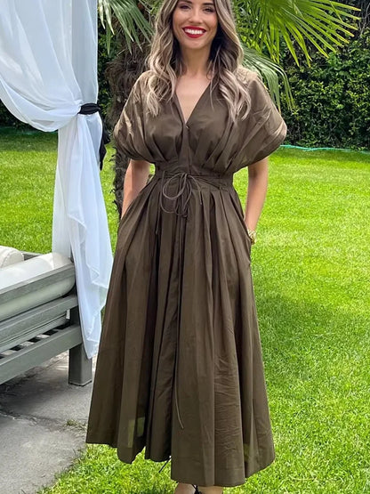 HH Women's Summer Fashion V-neck Lace-up Midi Short Sleeve Dress Female Elegant Backless Pleated Sexy Waist Long Dress