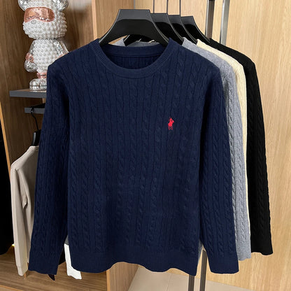 2025 Best-selling Xiaoma Logo Sweater Men's New Round Neck Autumn and Winter Men's Texture Striped Casual Knitted Top Sweater