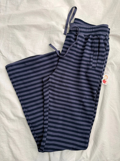 Navy Striped 2 Piece Sets Women Vintage Buttons Cotton Long Sleeve Tee Straight Trousers Home Sweet T-shirt Pant Pajama Set Y2K