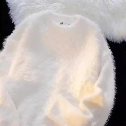 Winter faux mink fur soft and sticky solid color sweater with a high-end feel, men's and women's long sleeved warm round neck kn