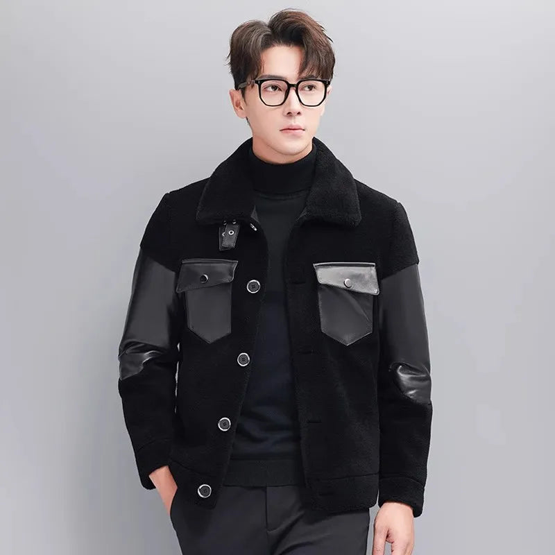 Mens Winter Real Sheep Fur Jacket Lapel Collar Single Breasted Business Work Warm Padded Coat Spliced Real Sheepskin Jacket 5XL
