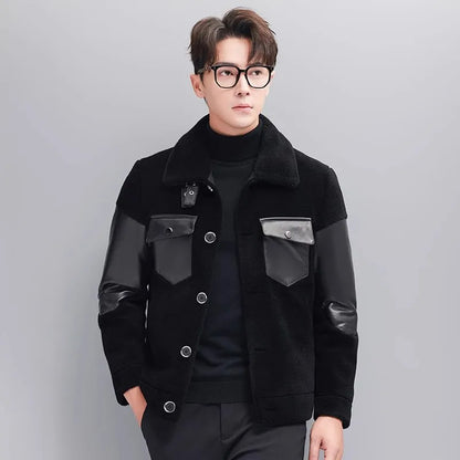 Mens Winter Real Sheep Fur Jacket Lapel Collar Single Breasted Business Work Warm Padded Coat Spliced Real Sheepskin Jacket 5XL