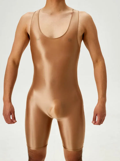 Men's Playsuit Gym High Elastic Bodysuit Shaper Wear Sexy Seamless Bulge Pouch Sleeveless Shirt Man Leotard Tights