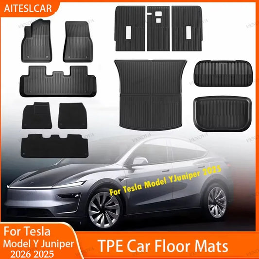 For New Tesla Model Y Launch 2026+ Juniper 2026+ TPE Floor Mats & Cargo Liner, All Weather Trunk Mats Floor Liner Backrest Mats