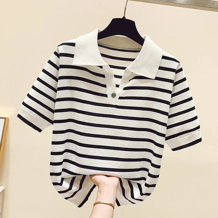 Loose Fit Ice Silk Knitted Short Sleeve T-Shirt Women's Summer Button up Top Slimming Striped  Neck Design plus Size
