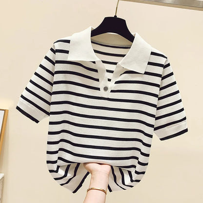 Loose Fit Ice Silk Knitted Short Sleeve T-Shirt Women's Summer Button up Top Slimming Striped  Neck Design plus Size
