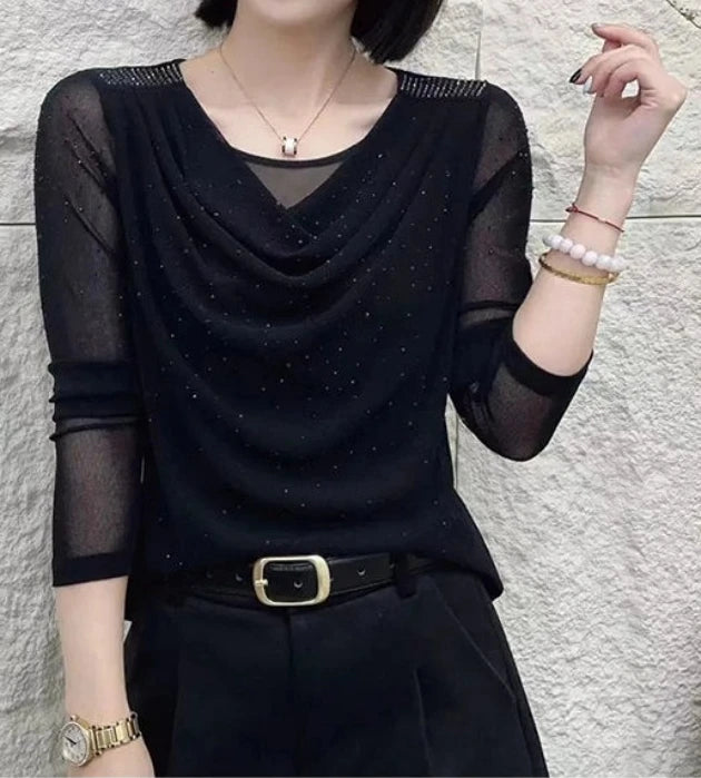 Ladies Fashion Slim Simplicity Elegant Trend Sexy Temperament Solid Color Long Sleeve Net Yarn Pullover Summer New Style Tops