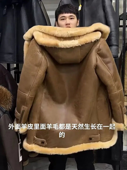 2024 Men's Winter Overcoat Genuine Sheepskin Shearling Leather Long Jacket for Male witth a Hood Thick Wool Liner Oversize 62 64