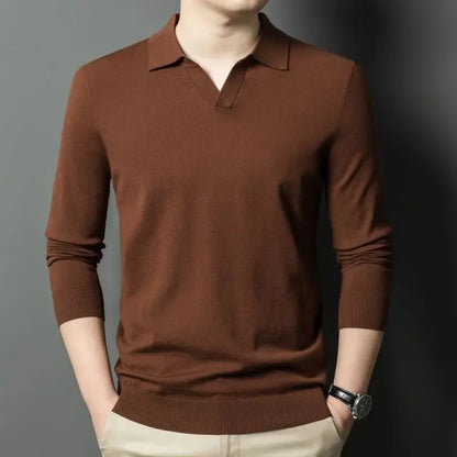 Men's Autumn & Winter Blouse Collar Knitted Pullover, Business Casual Slim-Fitting Wool Textile Sweater, Gentleman Polo Shirt