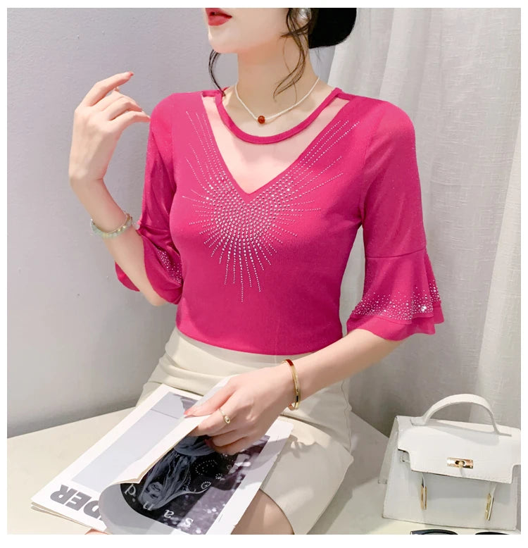 Sexy Hollow out Mesh Seven Quarter Sleeve Fashion Trend Summer T-Shirt Women Slimming Versatile Top Half Sleeve Small Shirt