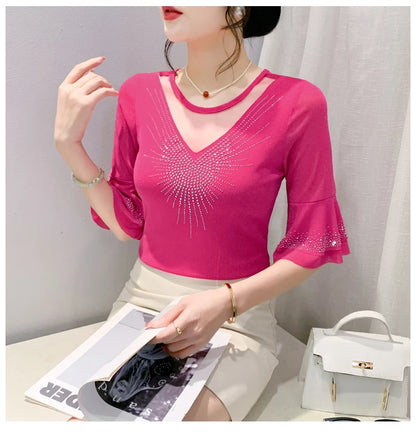 Sexy Hollow out Mesh Seven Quarter Sleeve Fashion Trend Summer T-Shirt Women Slimming Versatile Top Half Sleeve Small Shirt