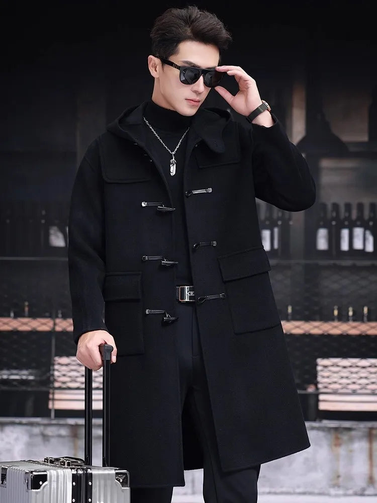 Mens 100% Wool Trench Overcoat Vintage Horn Button Hooded Long Coat Double Faced Sheep Fur Loose Fit Windbreaker Woolen Blends