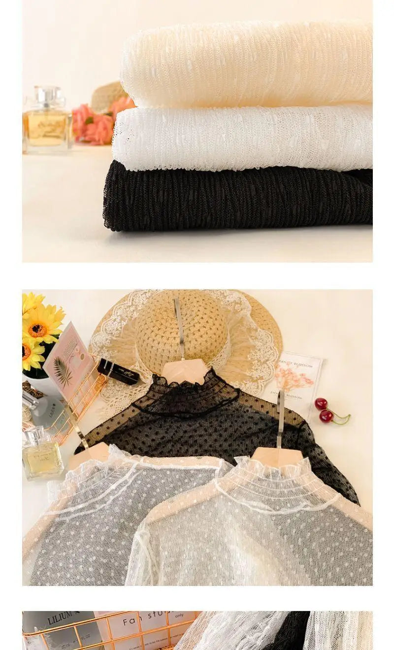 Women's Lace Base Shirt Long Sleeve High Collar Mesh Top 2023 Autumn Fashion Transparent Thin Film Inner Wear Versatile Slim Fit