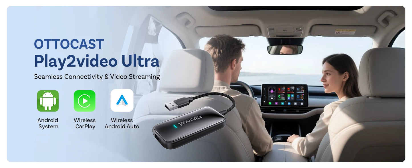 OTTOCAST Play2Video Ultra Wireless CarPlay AI BoxVideo Streaming forCar YouTube Netflix IPTV Plug&Play for Factory Wired CarPlay