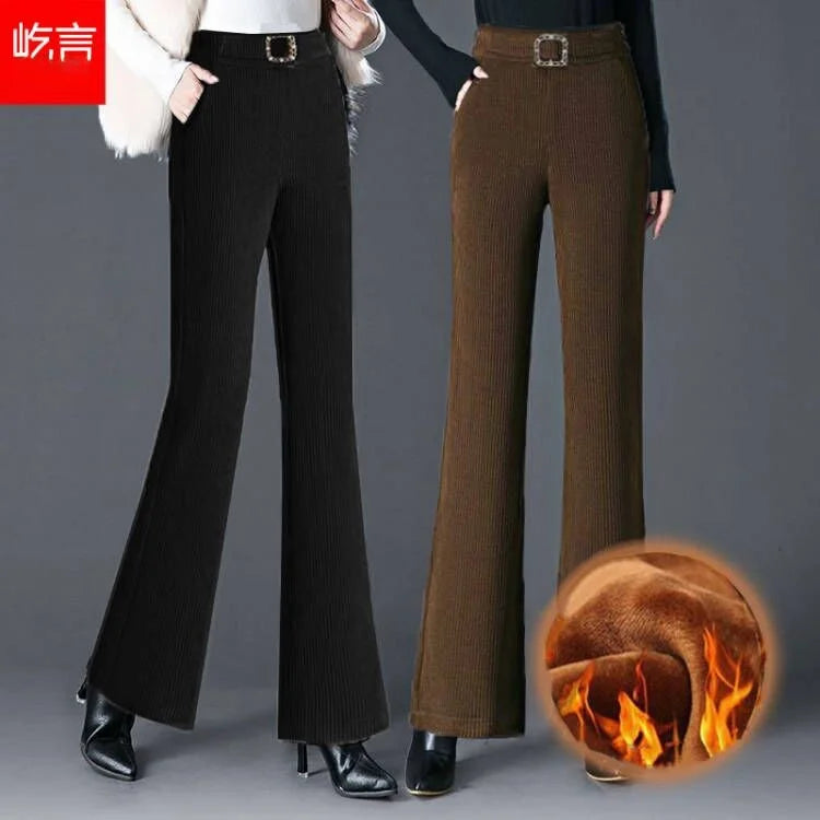 plus Size Flared Pants for Women Autumn Winter Fce Lined Casual High Waist Nine Points ket Pants for Middle-Aged Mothers