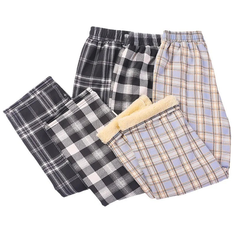 Women Plaid Pants High Waist Wide Leg Flared Trousers Thick Fleece Lined Winter Thermal Lounge Casual Straight Leg Bottoms