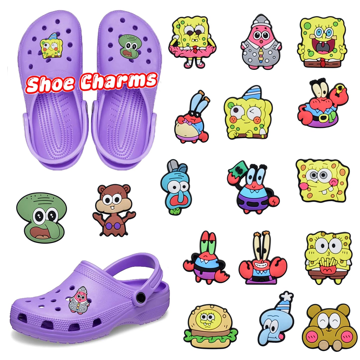 17/50/100Pcs SpongeBob SquarePants Shoes Charms Cartoon Clog Sandal Garden Shoe Decoration Accessorie Buckles Kids Party Gifts
