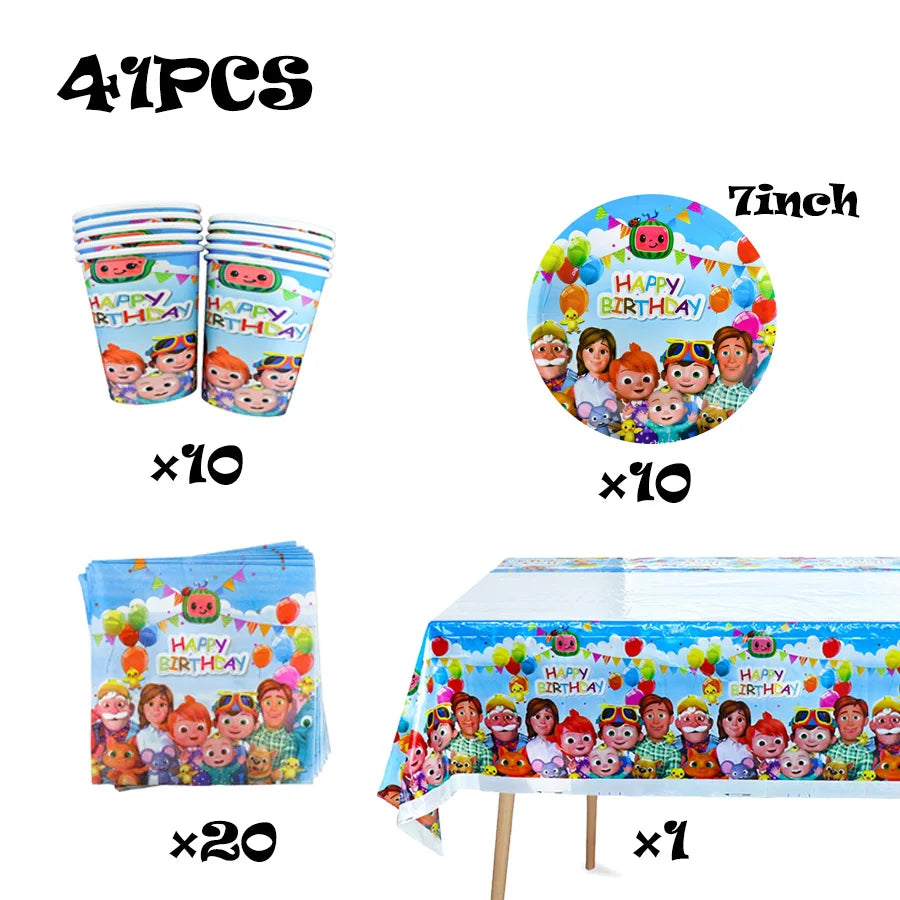 Cocomelon Birthday Party Decoration Tableware Set Birthday Cup Plate Napkin Tablecloth Cake Topper Balloon Party Favors Gifts