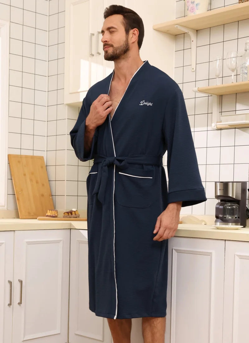 Mens Waffle Knit Quick Dry Bathrobe Absorbent Kimono Robe with Pockets White Piping Trim Soft Lightweight Mens Spa Loungewear